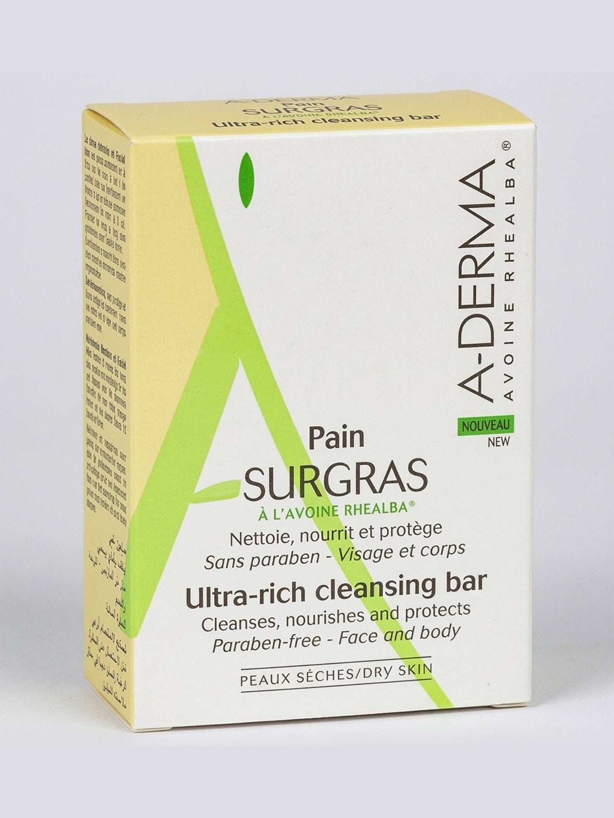 Pain surgras A-Derma à l'avoine Rhealba, étui jaune et blanc pour peaux sèches - Orineeds